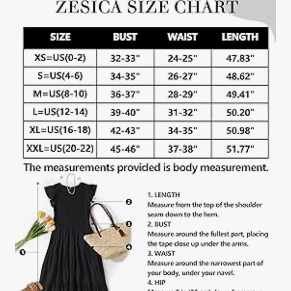 Zesica casual flutter short sleeve crew neck smocked elastic midi dress black S - Picture 5 of 6